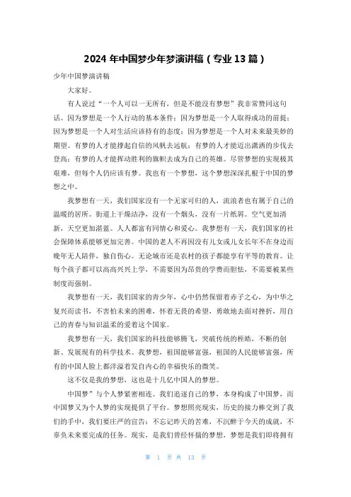 2024年中国梦少年梦演讲稿(专业13篇)