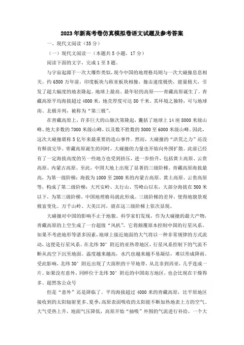 2023年新高考卷仿真模拟卷语文试题及参考答案