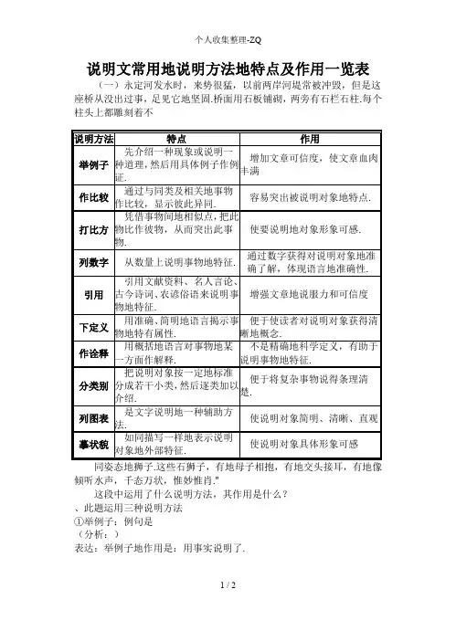说明文常用的说明方法的特点及作用一览表
