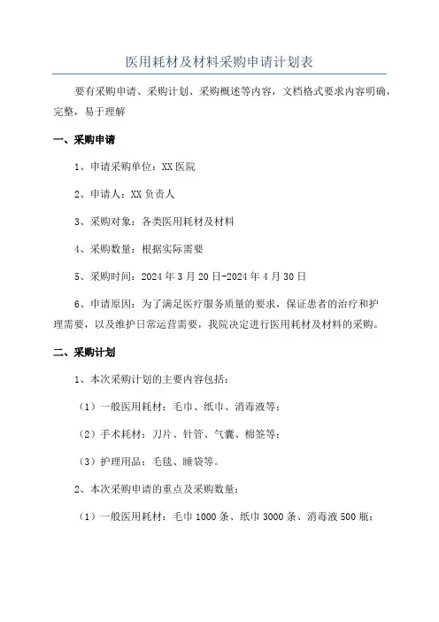 医用耗材及材料采购申请计划表
