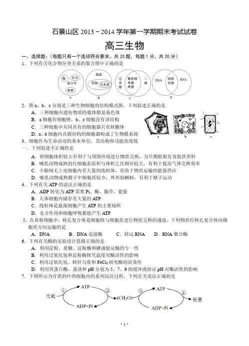 北京市石景山区2014届高三第一学期期末考试生物试题