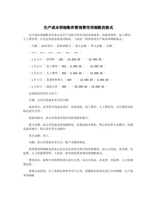 生产成本明细账和管理费用明细账的格式