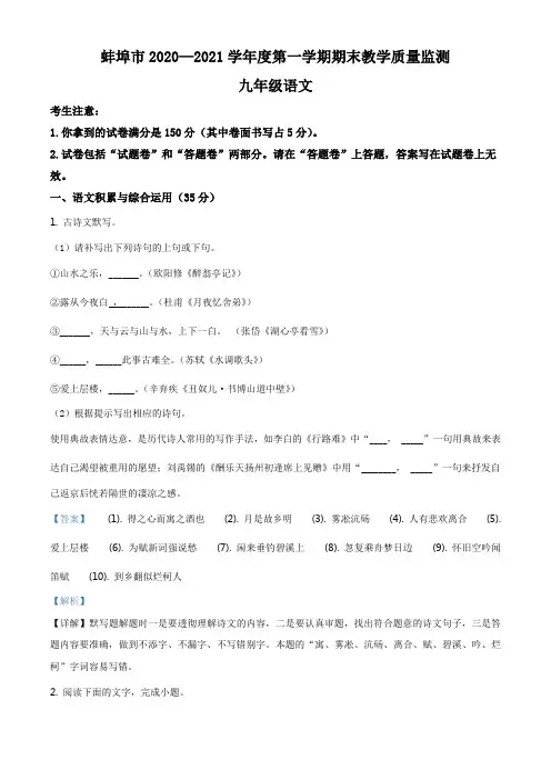 安徽省蚌埠市2020-2021学年九年级上学期期末语文试题(解析版)