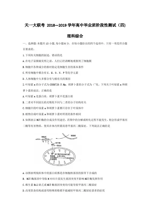 2019届河南省天一大联考高三阶段性测试  理综(四)河南版