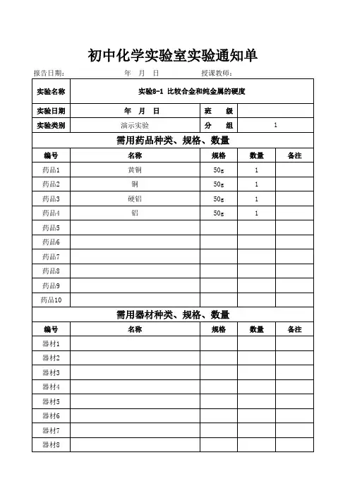 人教版九年级化学初中化学实验室演示实验通知单(下册)