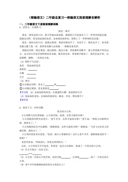 二年级(部编语文)二年级总复习--部编语文阅读理解含解析