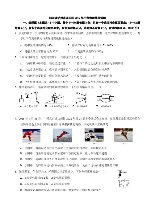 四川省泸州市江阳区2019年中考物理模拟试题1(无答案)