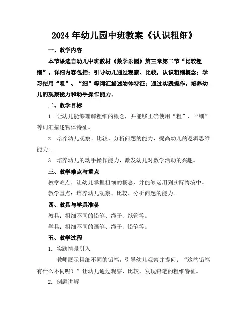 2024年幼儿园中班教案《认识粗细》
