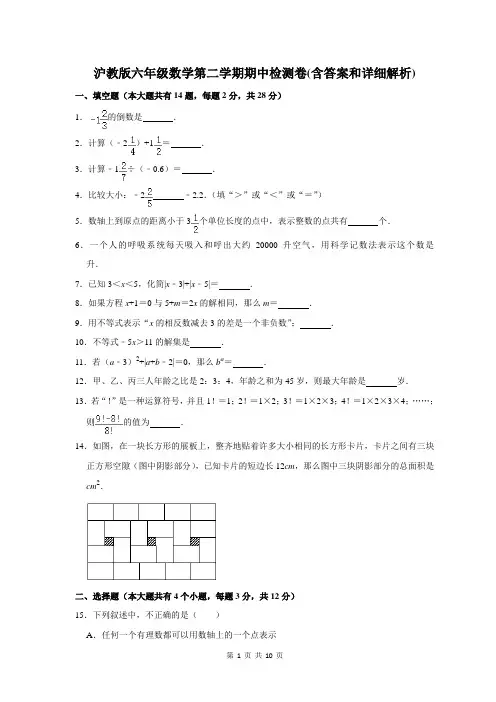 沪教版六年级数学第二学期期中检测卷(含答案和详细解析)
