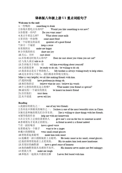 Unit1重点词组句子 牛津译林版英语八年级上册