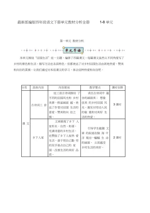 最新部编版四年级语文下册单元教材分析(精编)全册1-8单元