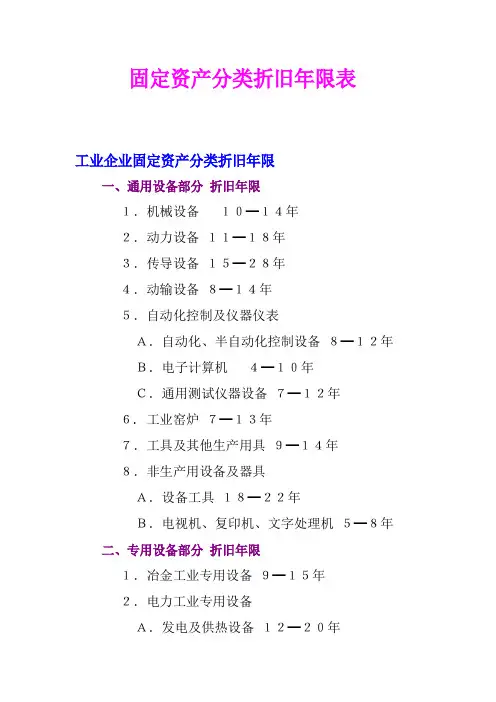 固定资产分类折旧年限表及说明