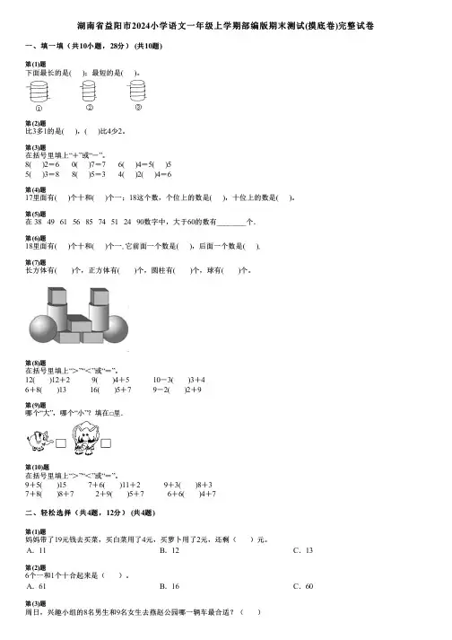 湖南省益阳市2024小学数学一年级上学期部编版期末测试(摸底卷)完整试卷