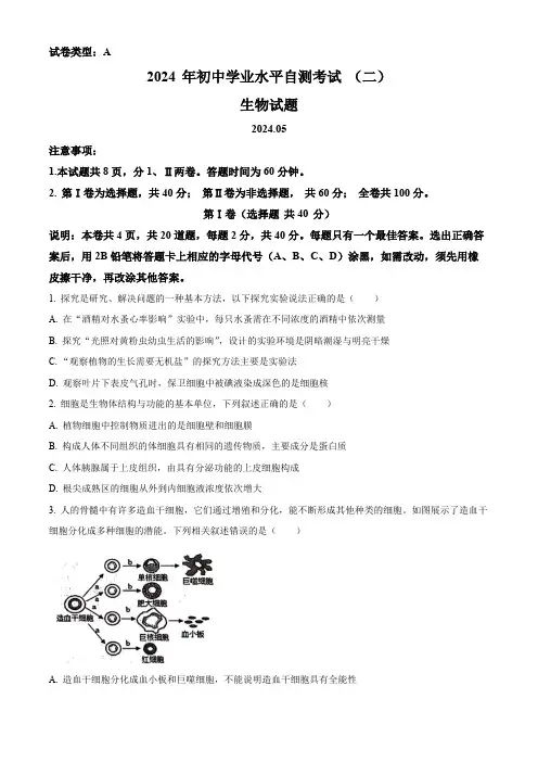 2024年山东省潍坊市八年级中考二模生物试题(原卷版)