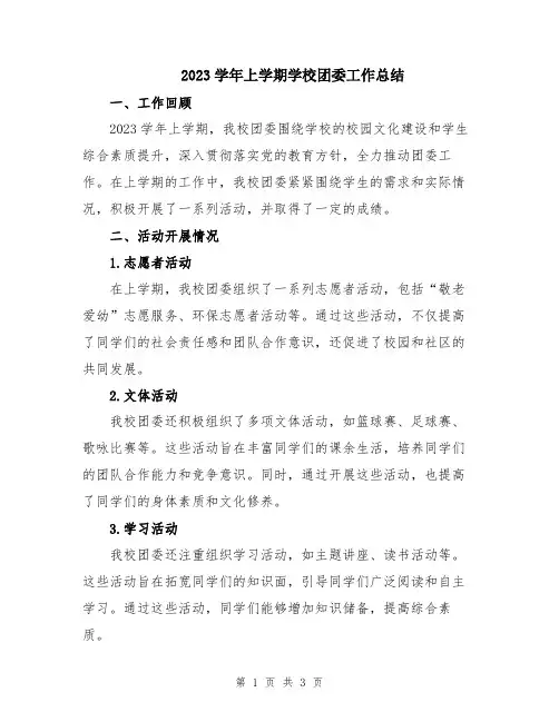 2023学年上学期学校团委工作总结