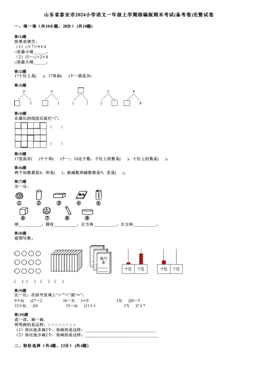 山东省泰安市2024小学数学一年级上学期部编版期末考试(备考卷)完整试卷