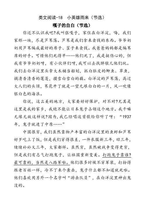 部编版四年级语文下册18 小英雄雨来(节选) 类文阅读练习及答案-最新