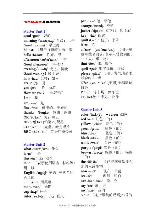 最新人教版七年级英语上册单词带音标(WORD)