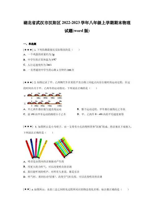 湖北省武汉市汉阳区2022-2023学年八年级上学期期末物理试题(word版)
