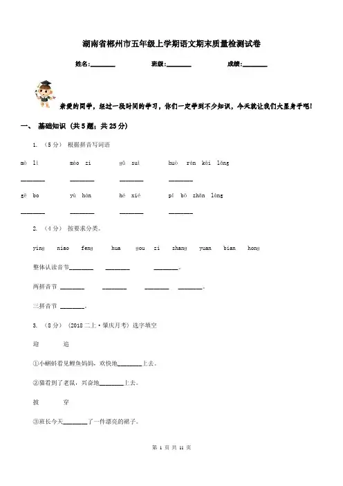 湖南省郴州市五年级上学期语文期末质量检测试卷