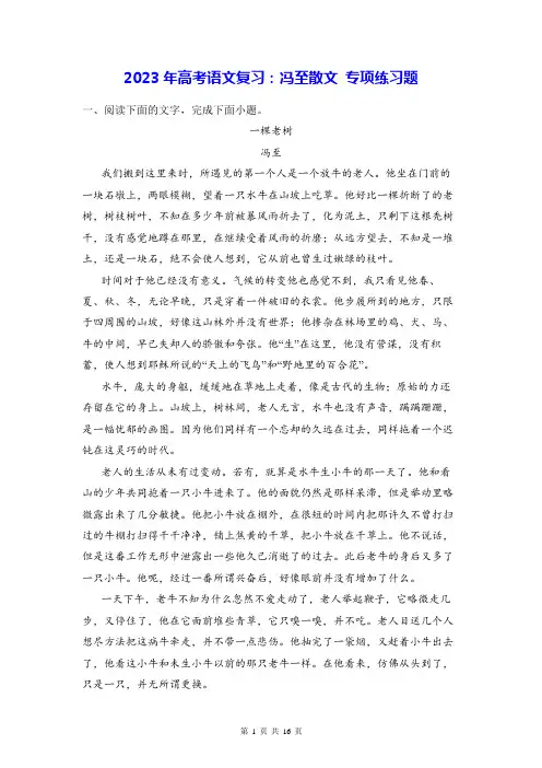 2023年高考语文复习：冯至散文 专项练习题(Word版,含答案)