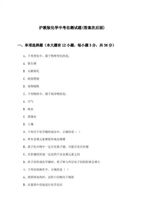 沪教版化学中考试题及解答参考