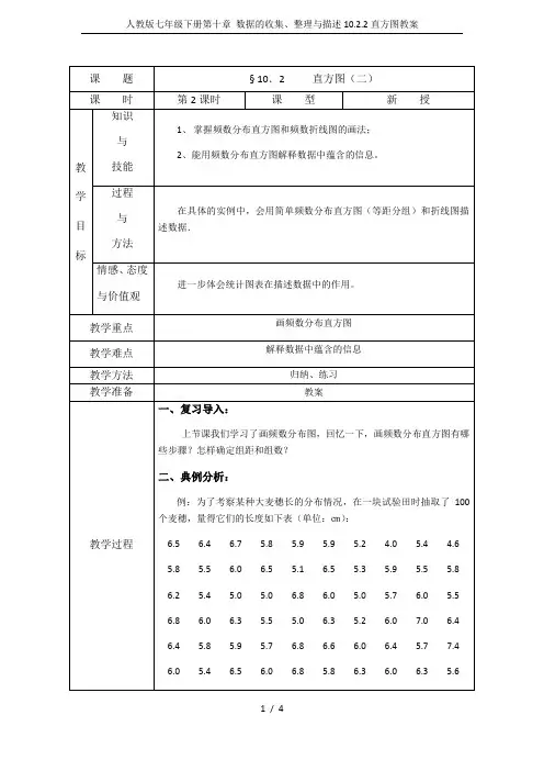 人教版七年级下册第十章 数据的收集、整理与描述10.2.2直方图教案