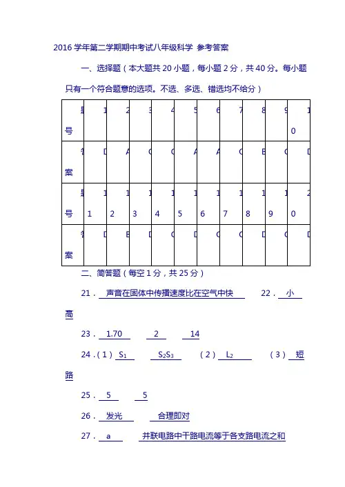 2016学年第二学期期中考试八年级  科学 参考答案1
