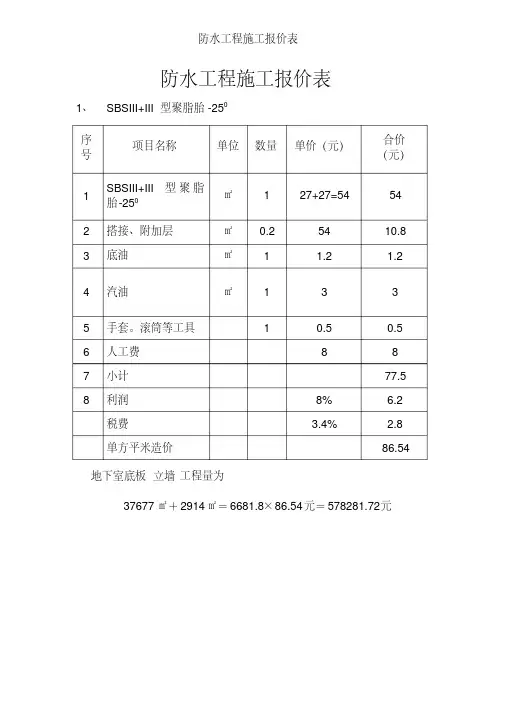 防水工程施工报价表