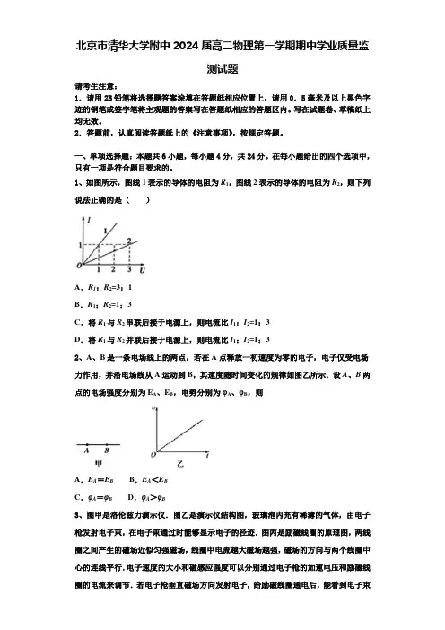 北京市清华大学附中2024届高二物理第一学期期中学业质量监测试题含解析