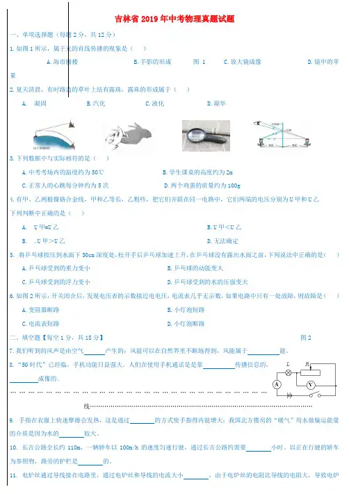 吉林省2019年中考物理真题试题