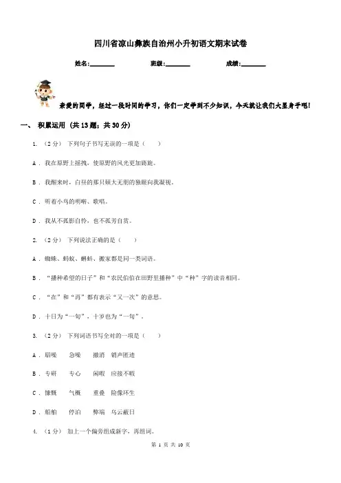 四川省凉山彝族自治州小升初语文期末试卷