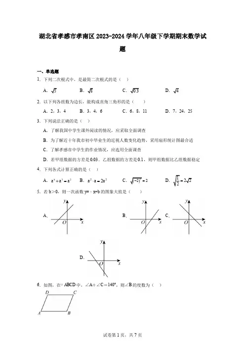 湖北省孝感市孝南区2023-2024学年八年级下学期期末数学试题
