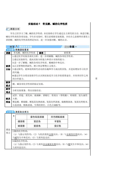 人教版2024九年级下册化学实验活动8  常见酸、碱的化学性质 教案