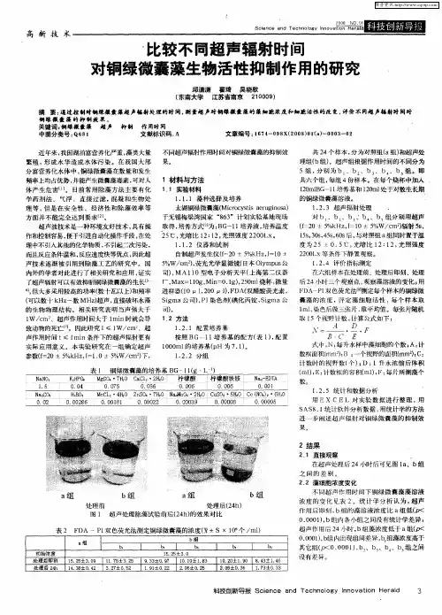 比较不同超声辐射时间对铜绿微囊藻生物活性抑制作用的研究