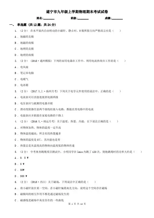 遂宁市九年级上学期物理期末考试试卷