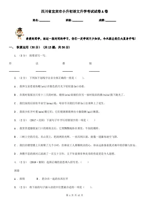四川省宜宾市小升初语文升学考试试卷A卷