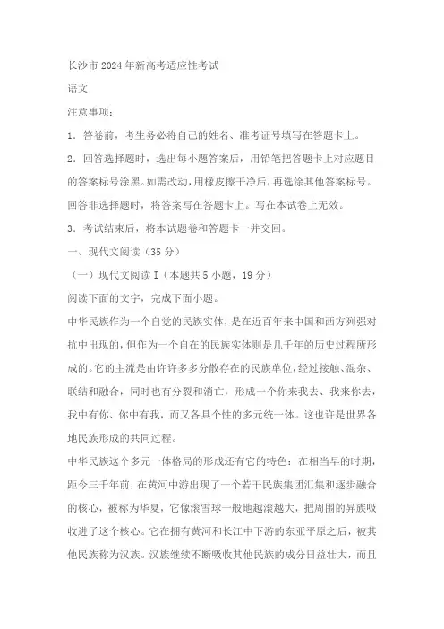 湖南省长沙市2023-2024学年高三上学期期末适应性考试语文试卷(含解析)