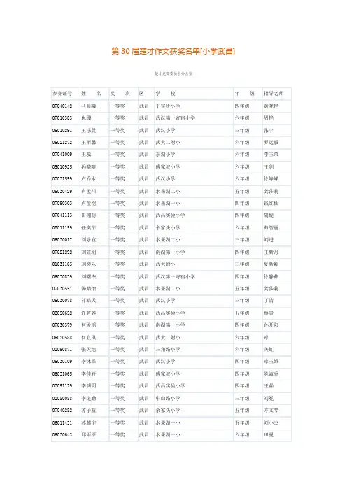 第30届楚才作文获奖名单[小学武昌]