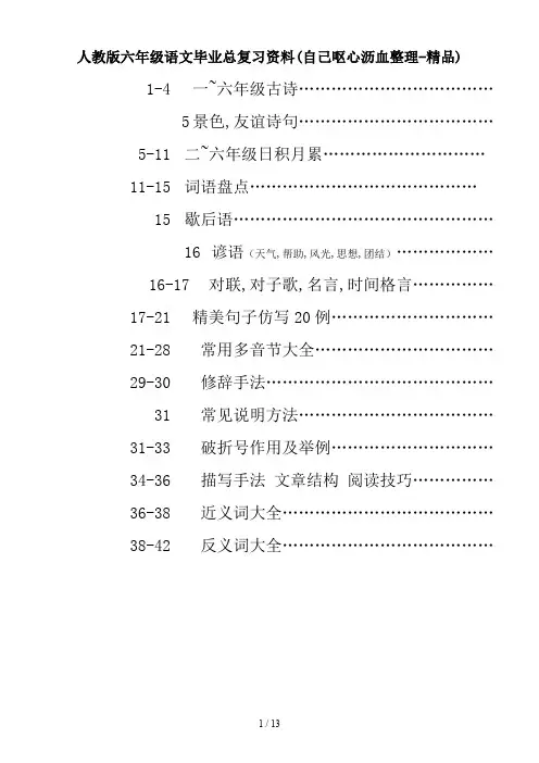 人教版六年级语文毕业总复习资料(自己呕心沥血整理-精品)
