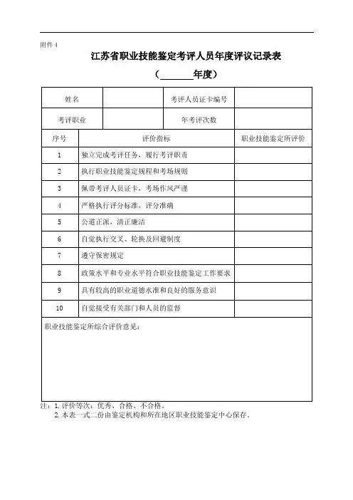 江苏省职业技能鉴定考评人员年度评议记录表