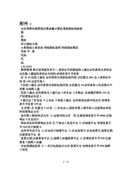 全区地税系统税收征管质量计算机考核指标明细表