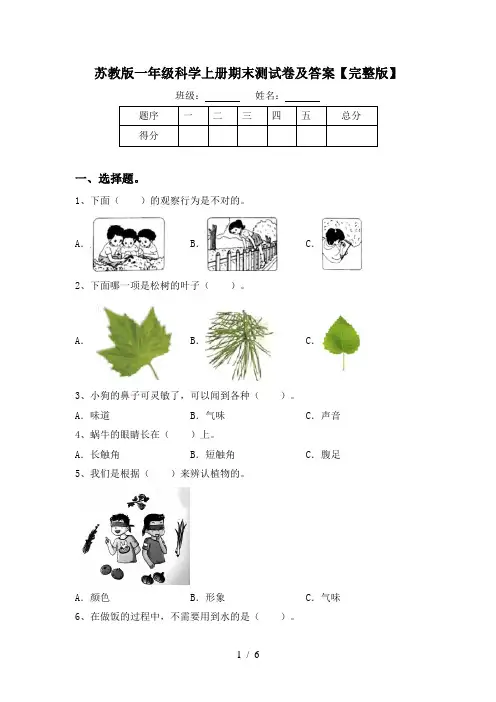 苏教版一年级科学上册期末测试卷及答案【完整版】