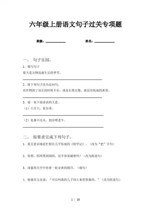 六年级上册语文句子过关专项题