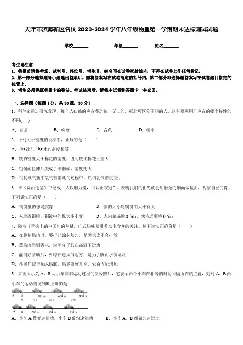 天津市滨海新区名校2023-2024学年八年级物理第一学期期末达标测试试题含答案