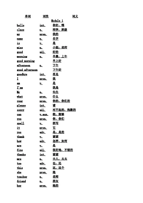 外研社(天津市专用)(义务教育教科书)七年级英语上册单词表(全册)
