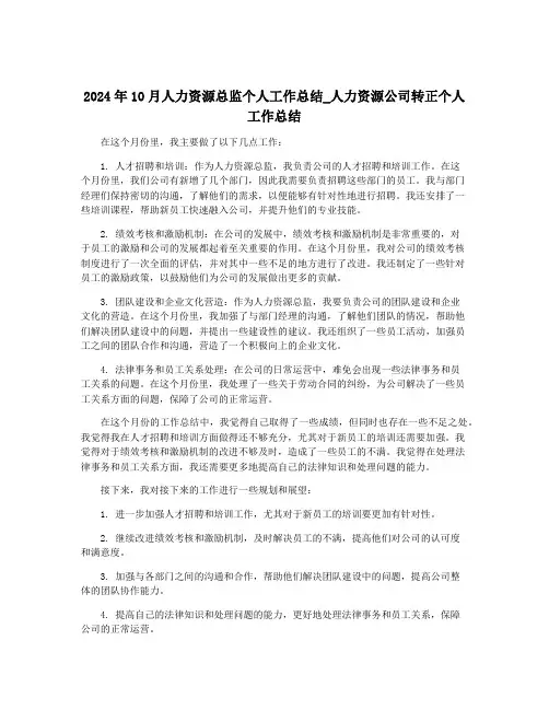 2024年10月人力资源总监个人工作总结_人力资源公司转正个人工作总结