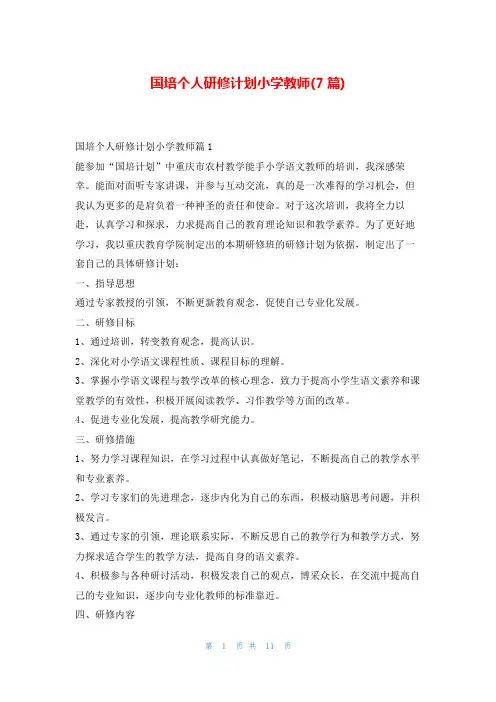 国培个人研修计划小学教师(7篇)99范文网
