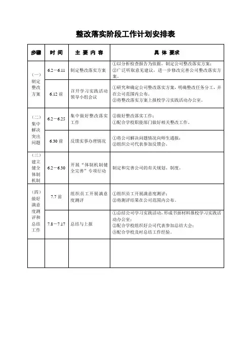 整改落实阶段工作计划安排表
