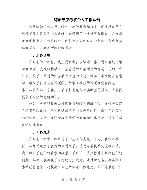 综治年度考核个人工作总结